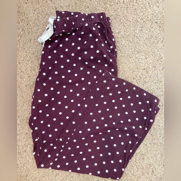 Plum polka dot flannel pj pants w/pockets and elastic drawstring waist sz 12-14 - Picture 1 of 7